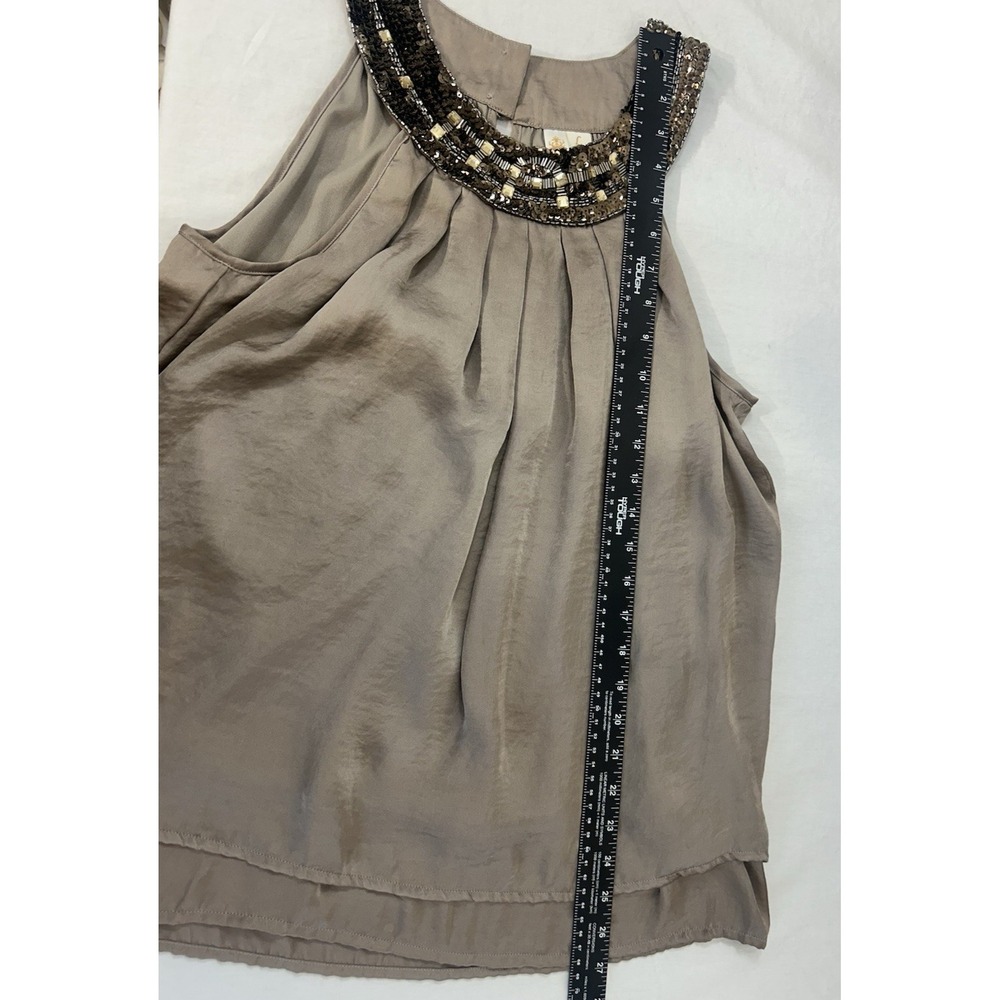 Adiva Slate Grey Satiny 2 Layer Flowy Fairy Blouse Embellished Neckline Sz L - Picture 9 of 9
